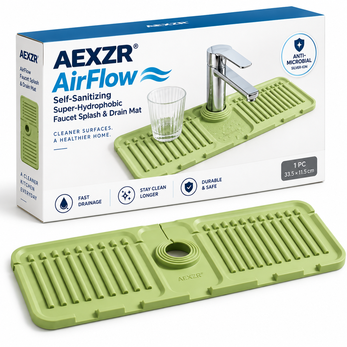 AEXZR® AirFlow Self‑Sanitizing Super‑Hydrophobic Faucet Splash & Drain Mat