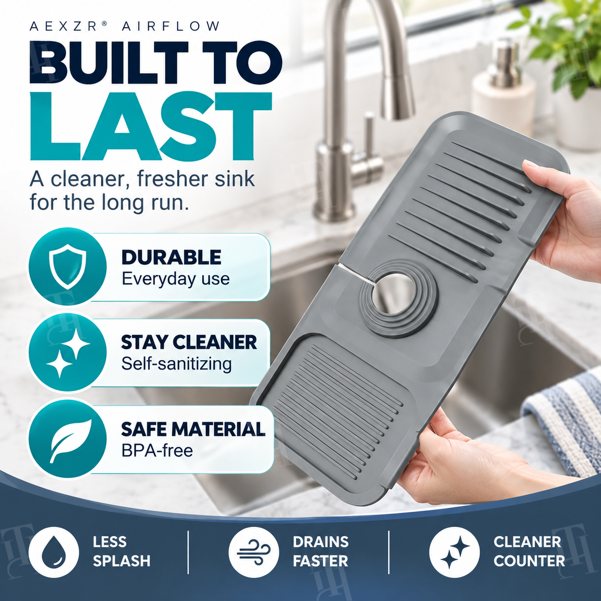 AEXZR® AirFlow Self‑Sanitizing Super‑Hydrophobic Faucet Splash & Drain Mat