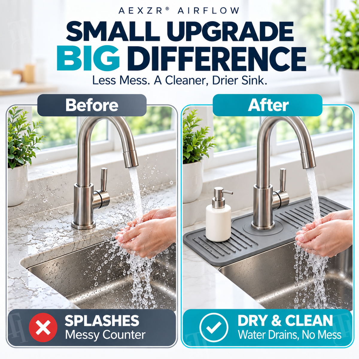 AEXZR® AirFlow Self‑Sanitizing Super‑Hydrophobic Faucet Splash & Drain Mat