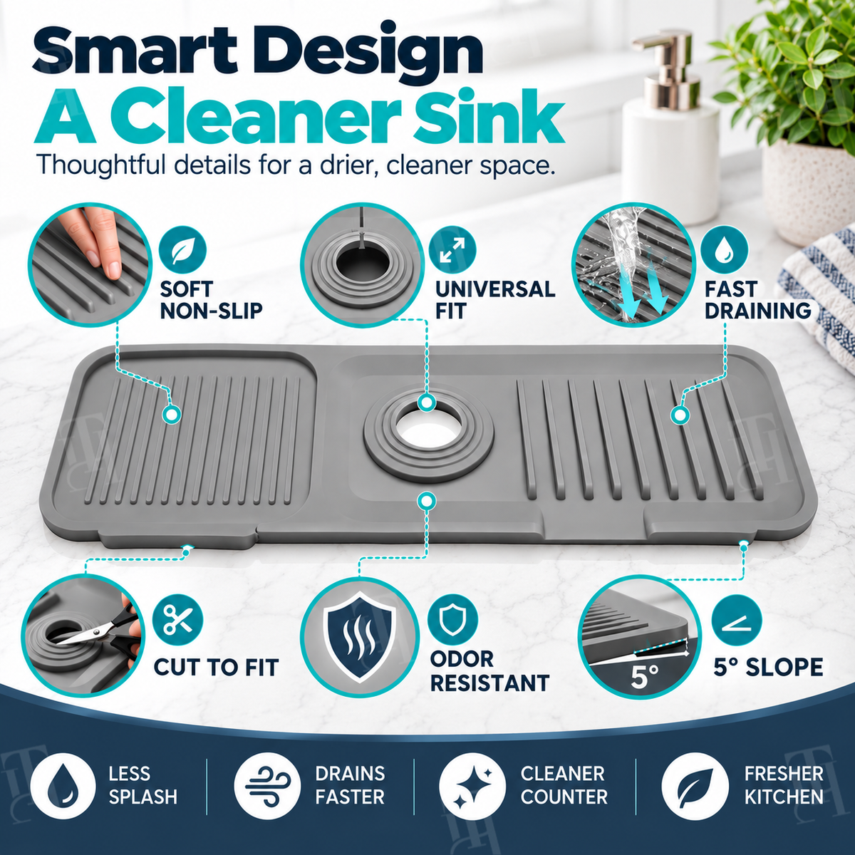 AEXZR® AirFlow Self‑Sanitizing Super‑Hydrophobic Faucet Splash & Drain Mat