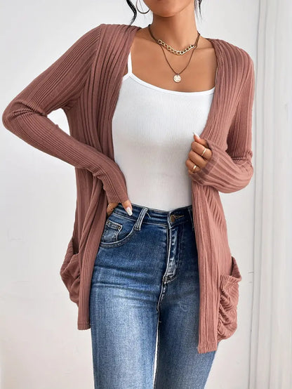 Sfrcord® Solide Strickjacke mit offener Vorderseite und Rippenmuster