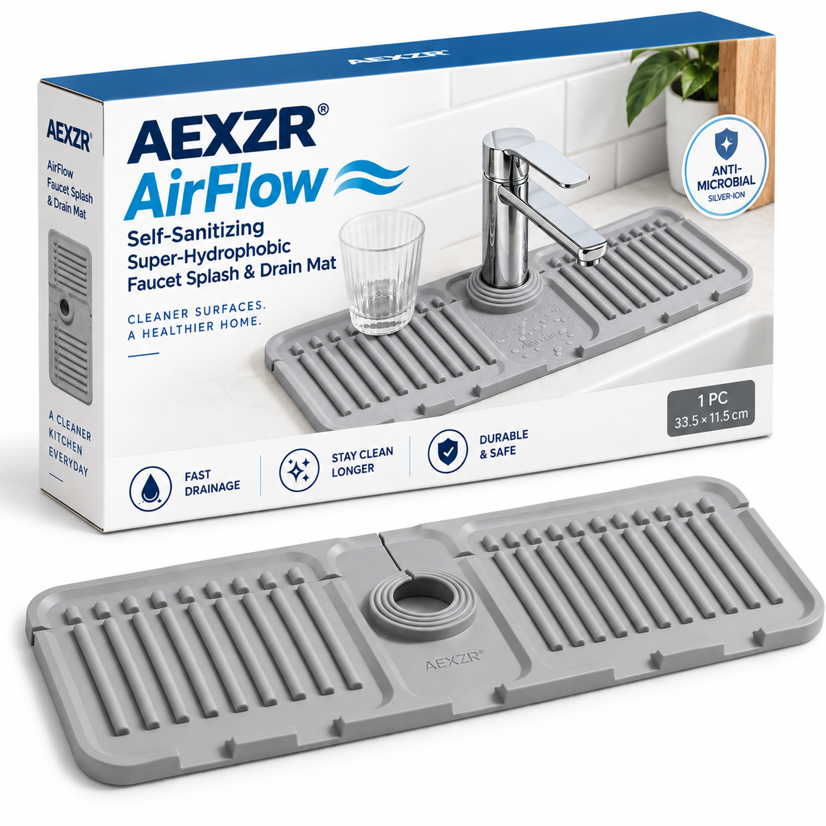 AEXZR® AirFlow Self‑Sanitizing Super‑Hydrophobic Faucet Splash & Drain Mat